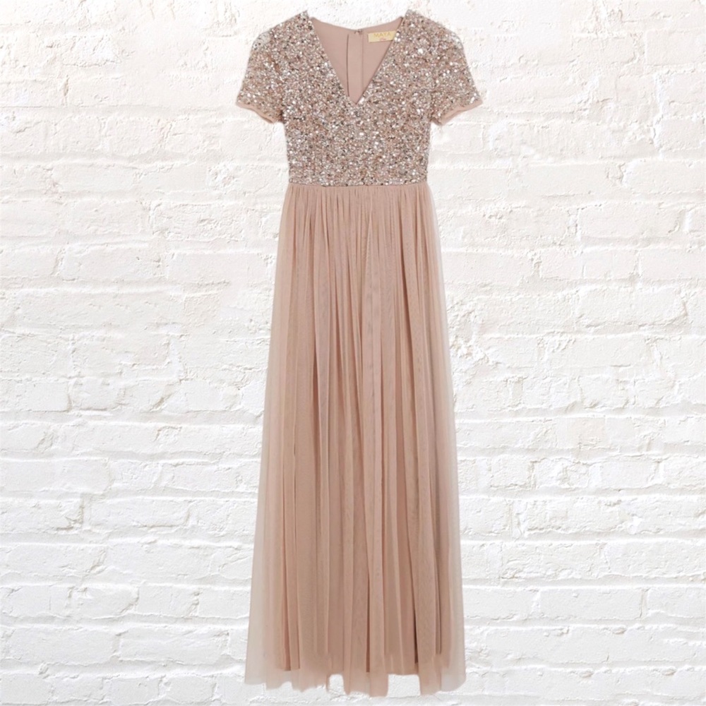 ASOS Maya Petite Bridesmaid taupe blush v neck maxi dress w/ delicate sequins